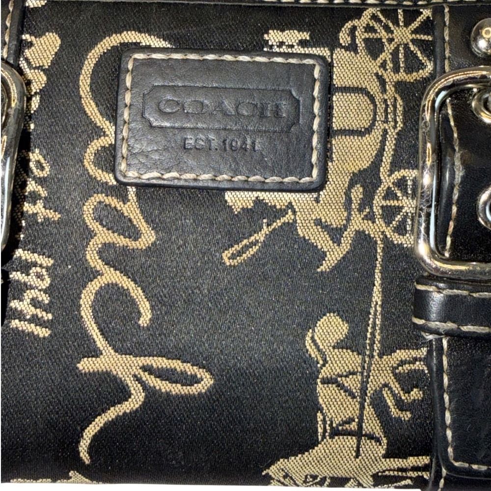 Coach Black Gold Horse and Carriage Script Canvas Zip Around Long Wallet Buckle - Picture 3 of 9